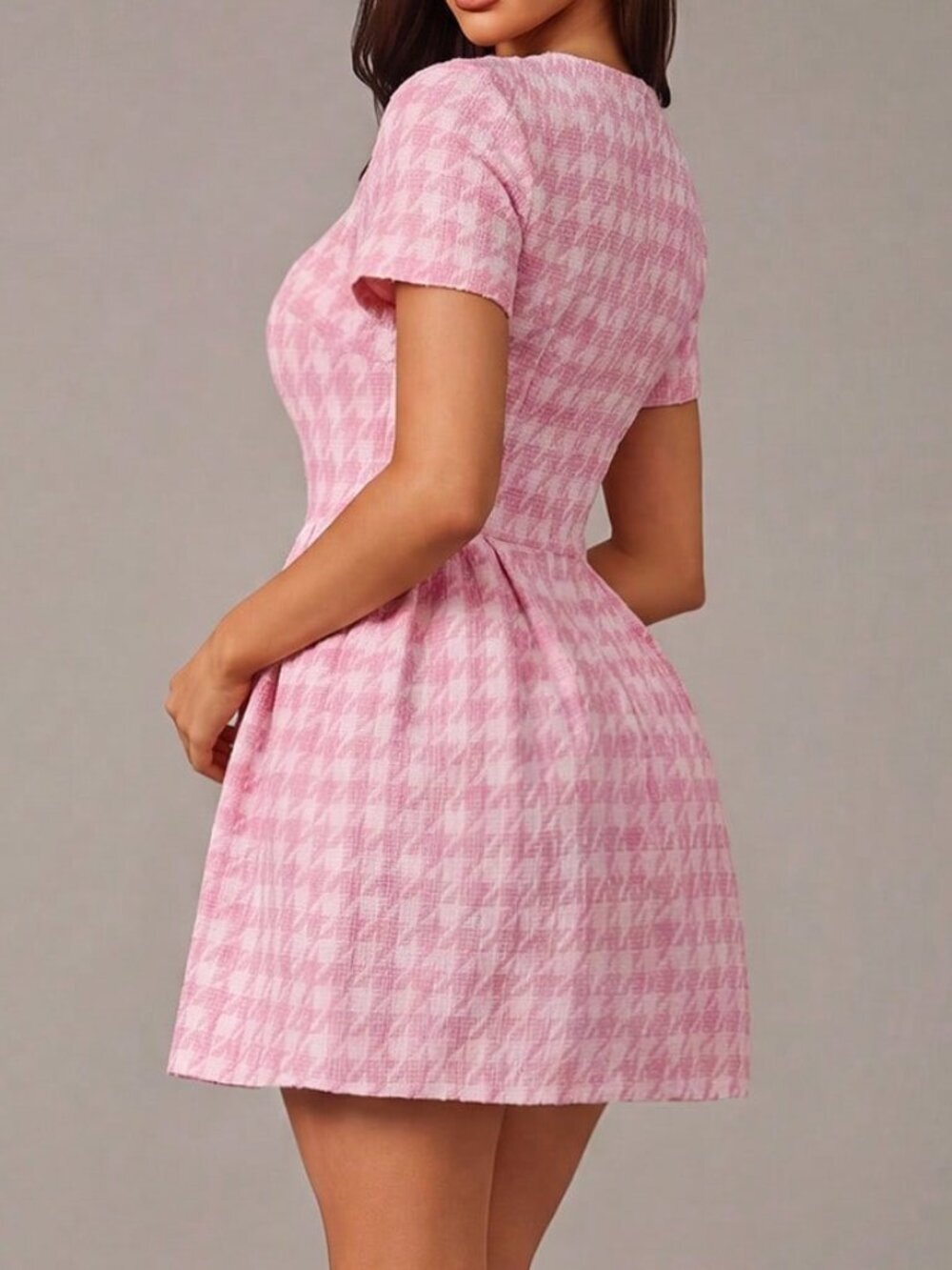 Pink Elegant Women's Mini A-Line Dresswith Metal Buckle, Tweed Plaid - Picture 2 of 6